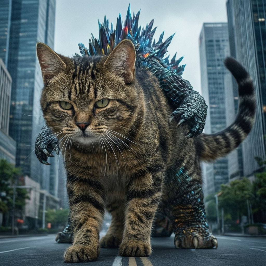 A giant tabby cat walking between city skyscrapers like a ka