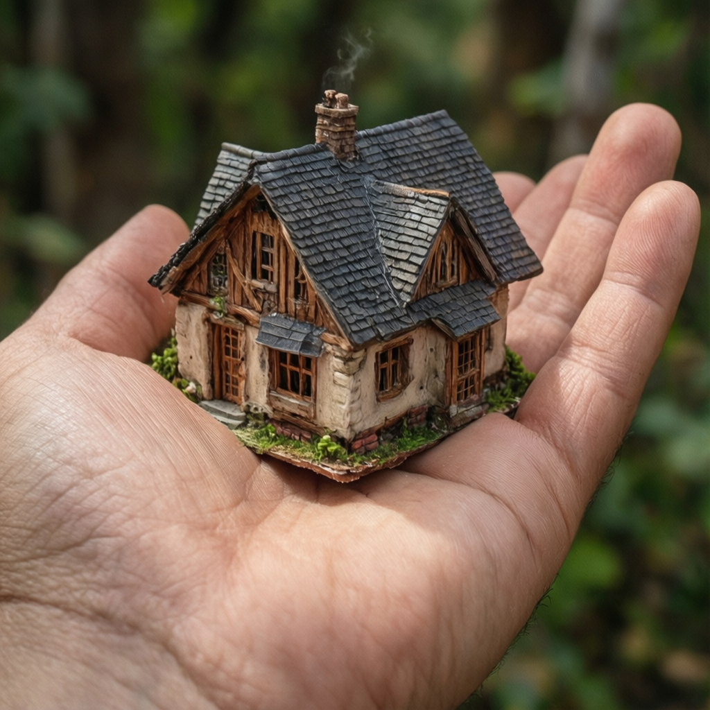 A miniature house sitting on the palm of someone's hand