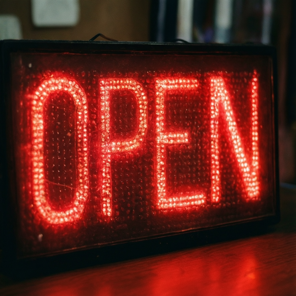 The word 'OPEN' displayed on a red LED sign with glowing pix
