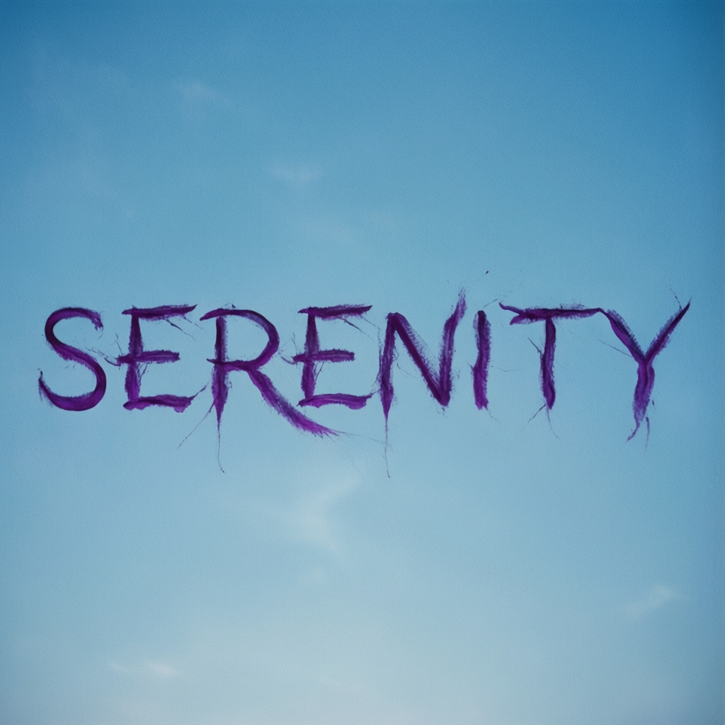 The word 'SERENITY' written large and centered on a solid li