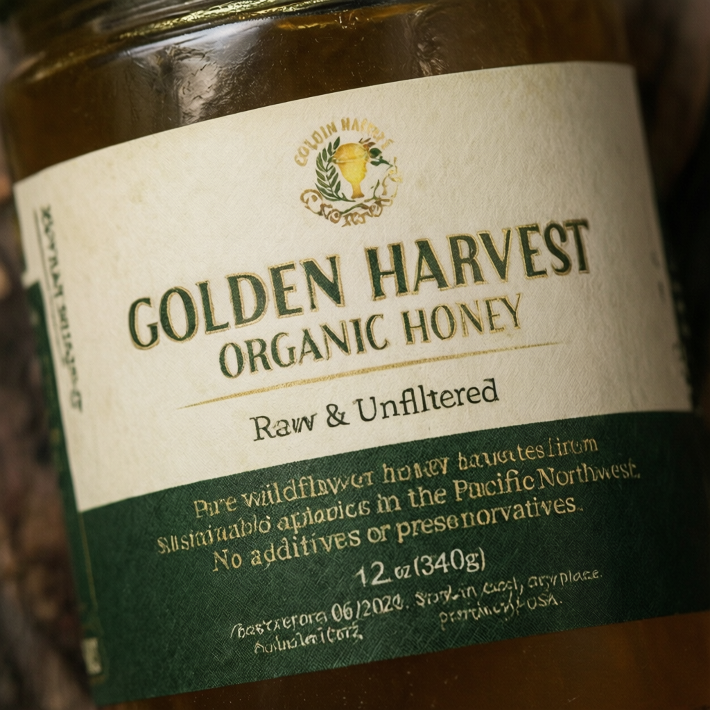 A product label for 'GOLDEN HARVEST ORGANIC HONEY' with subt