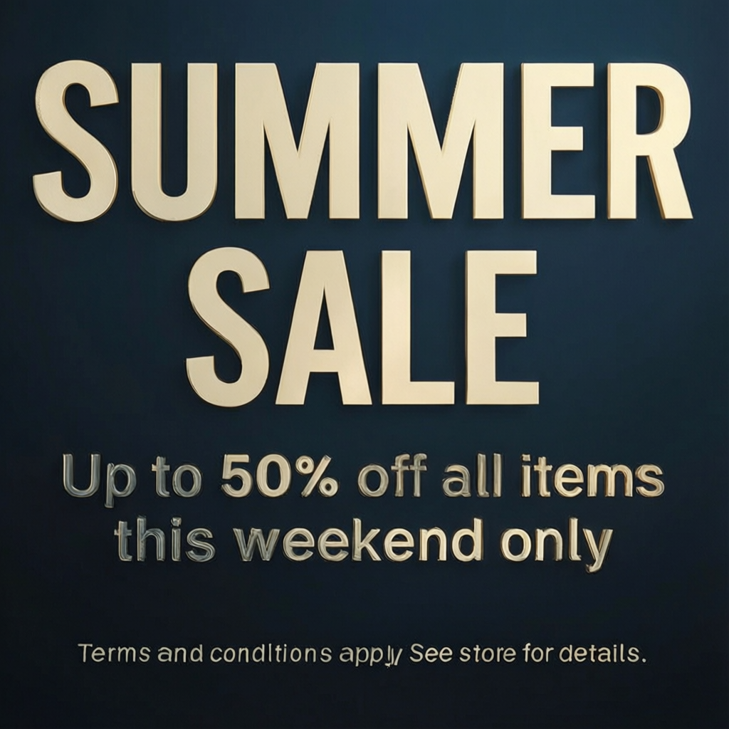 A poster with headline 'SUMMER SALE' in large bold text, bod