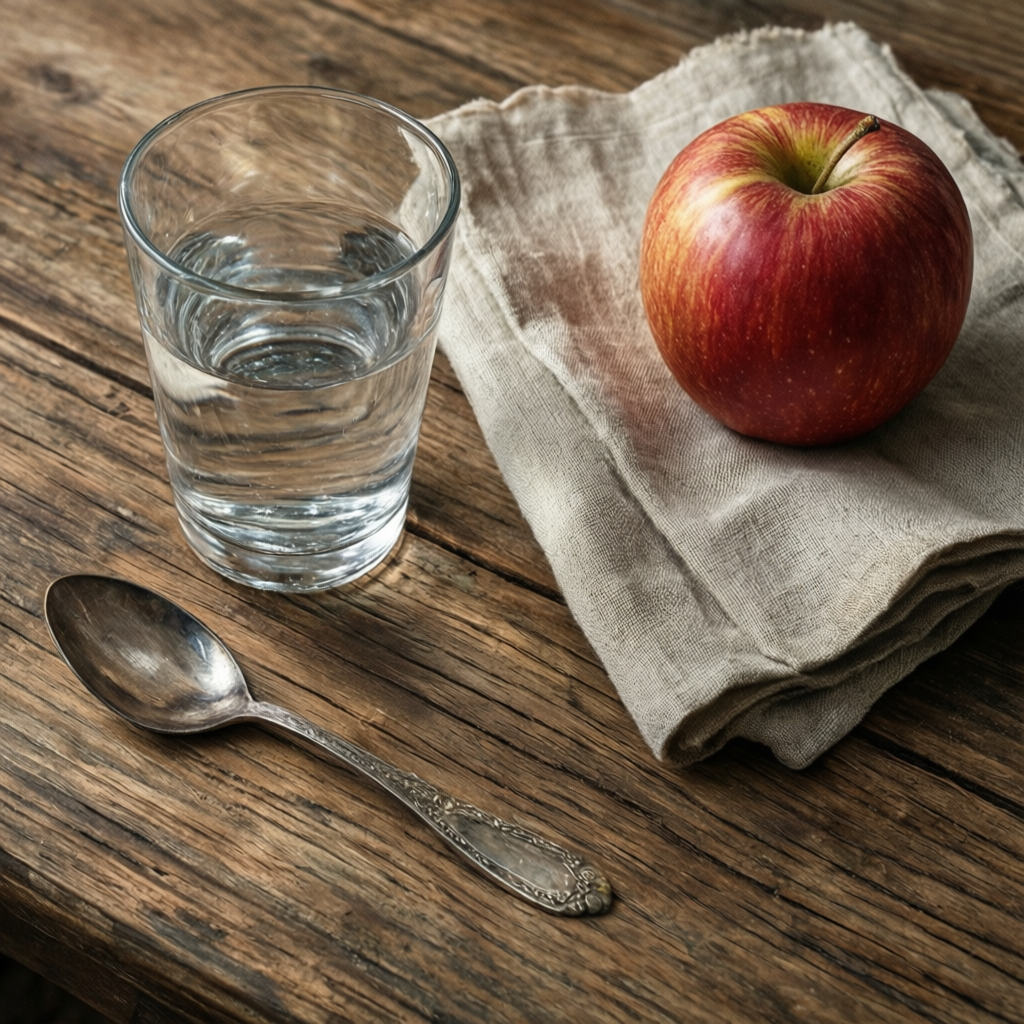 A still life on a wooden table featuring a clear glass of wa