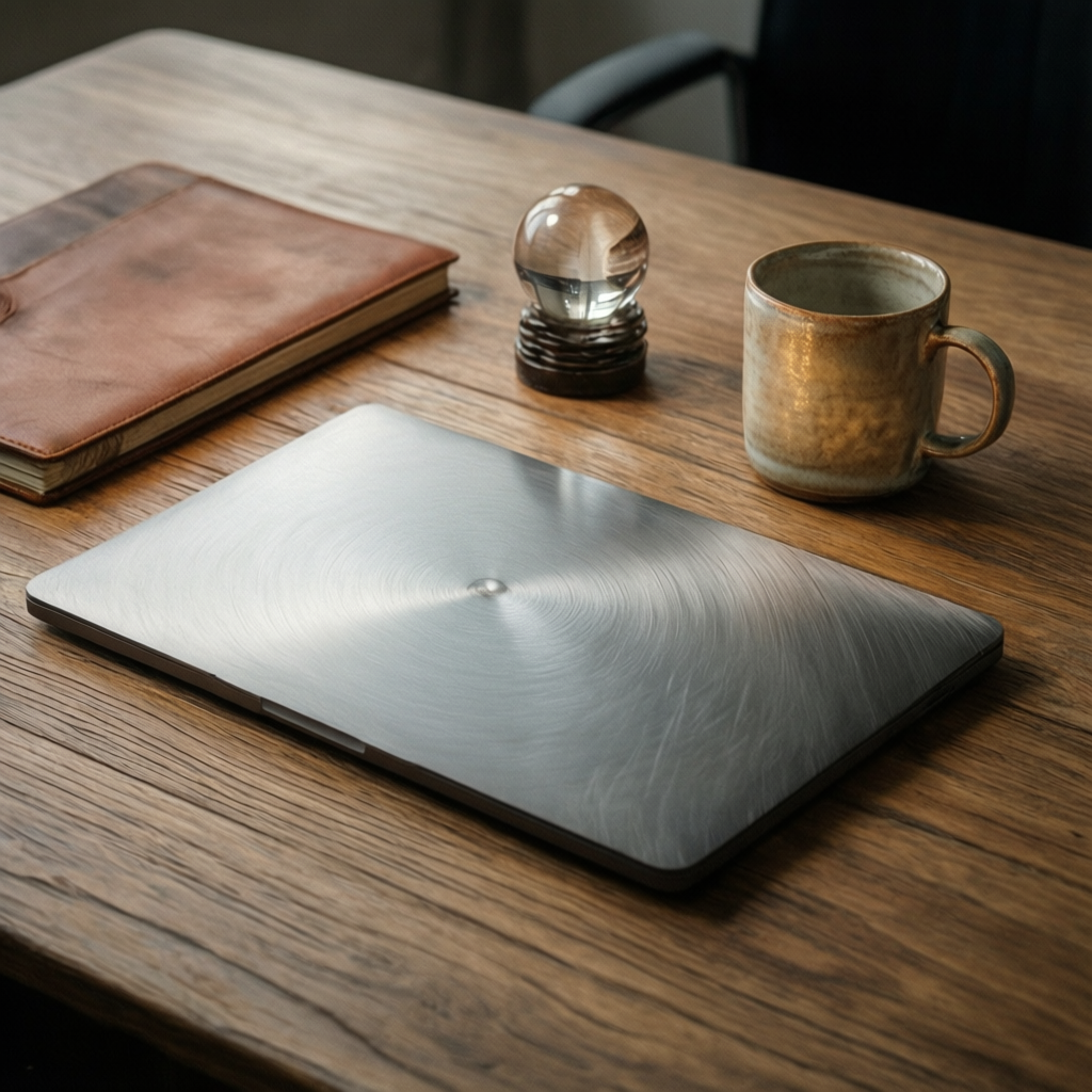 A workspace desk with a brushed aluminum laptop, a leather-b