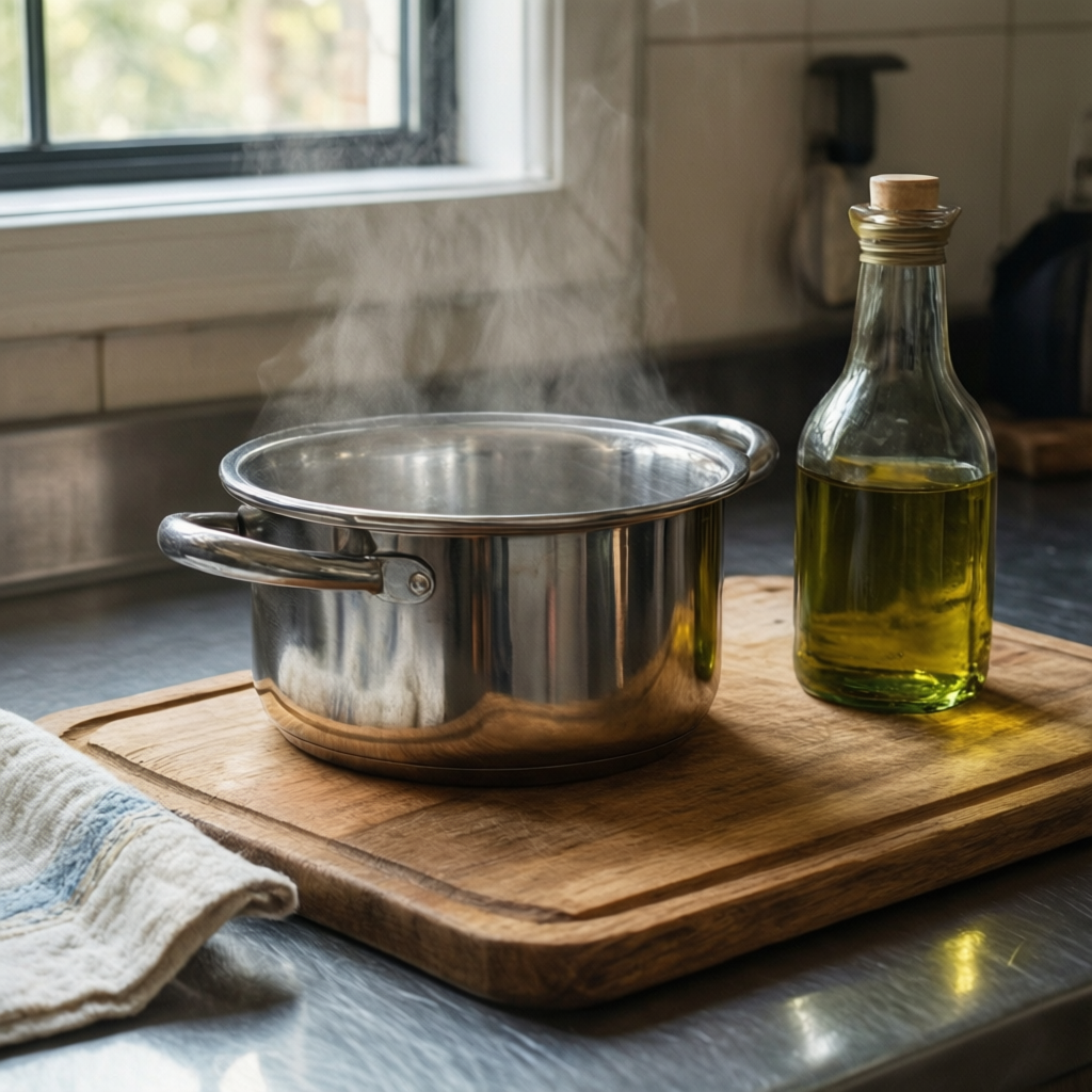 A kitchen counter with a stainless steel pot, a wooden cutti