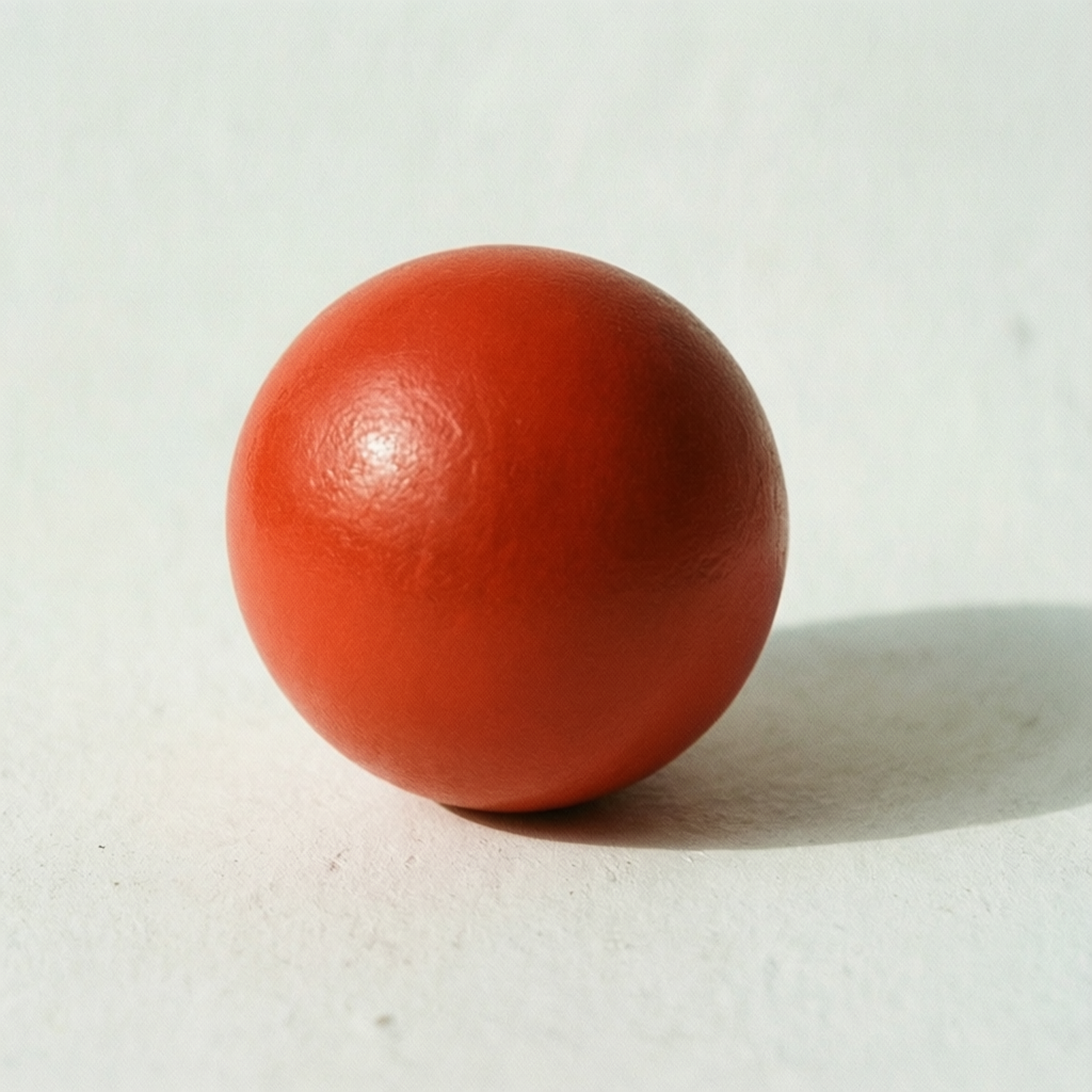 A red sphere on a white surface with a single shadow cast to