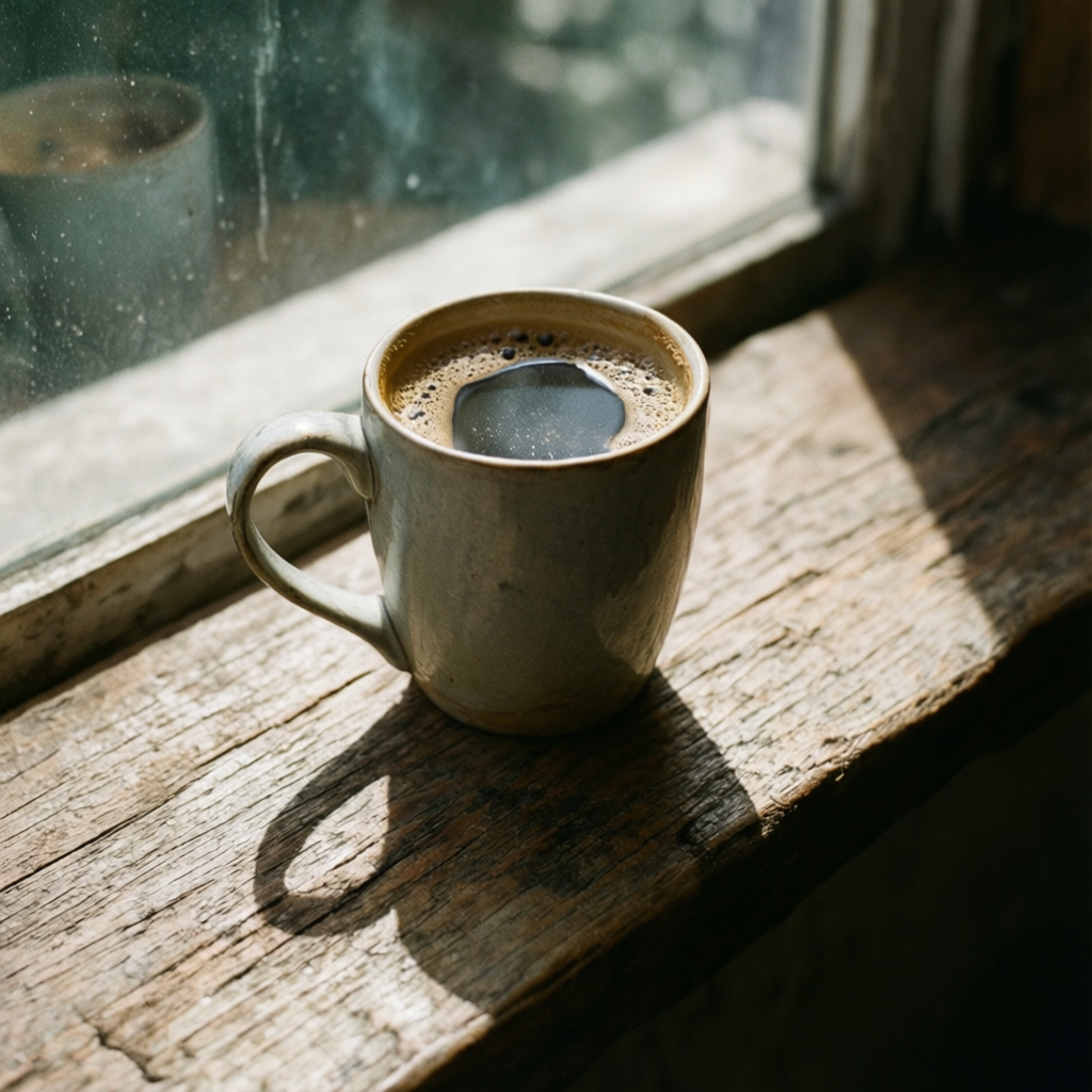 A coffee mug on a sunny windowsill casting a sharp shadow to