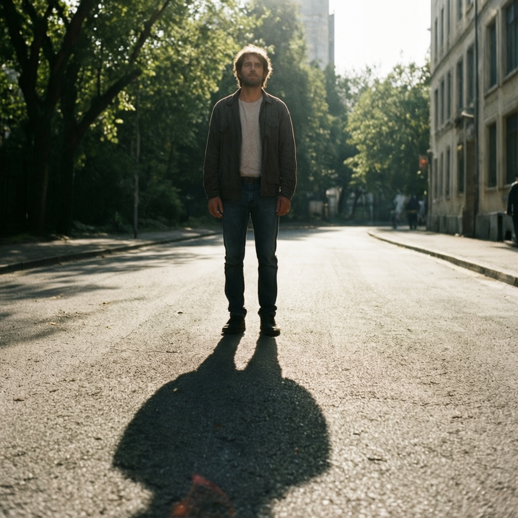 A person standing outdoors at midday with a short shadow dir
