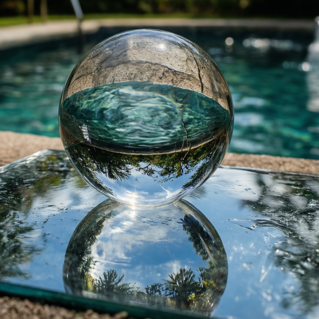 A clear glass sphere sitting on a mirror surface near a pool