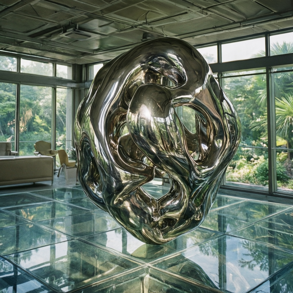 A chrome sculpture in a room with a glass floor and large wi