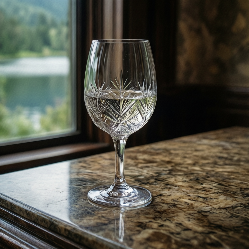 A crystal wine glass on a polished marble counter next to a 