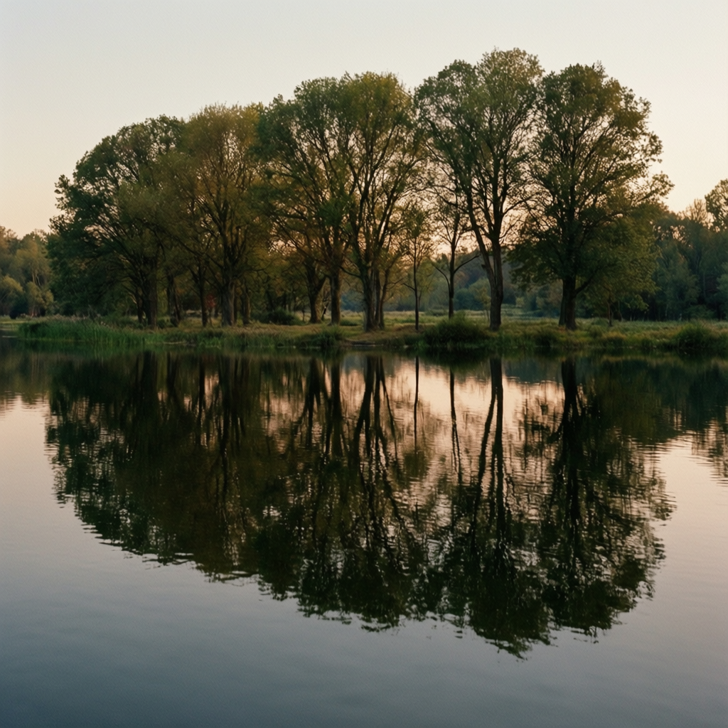 A row of trees reflected in a calm lake at sunset, with the 