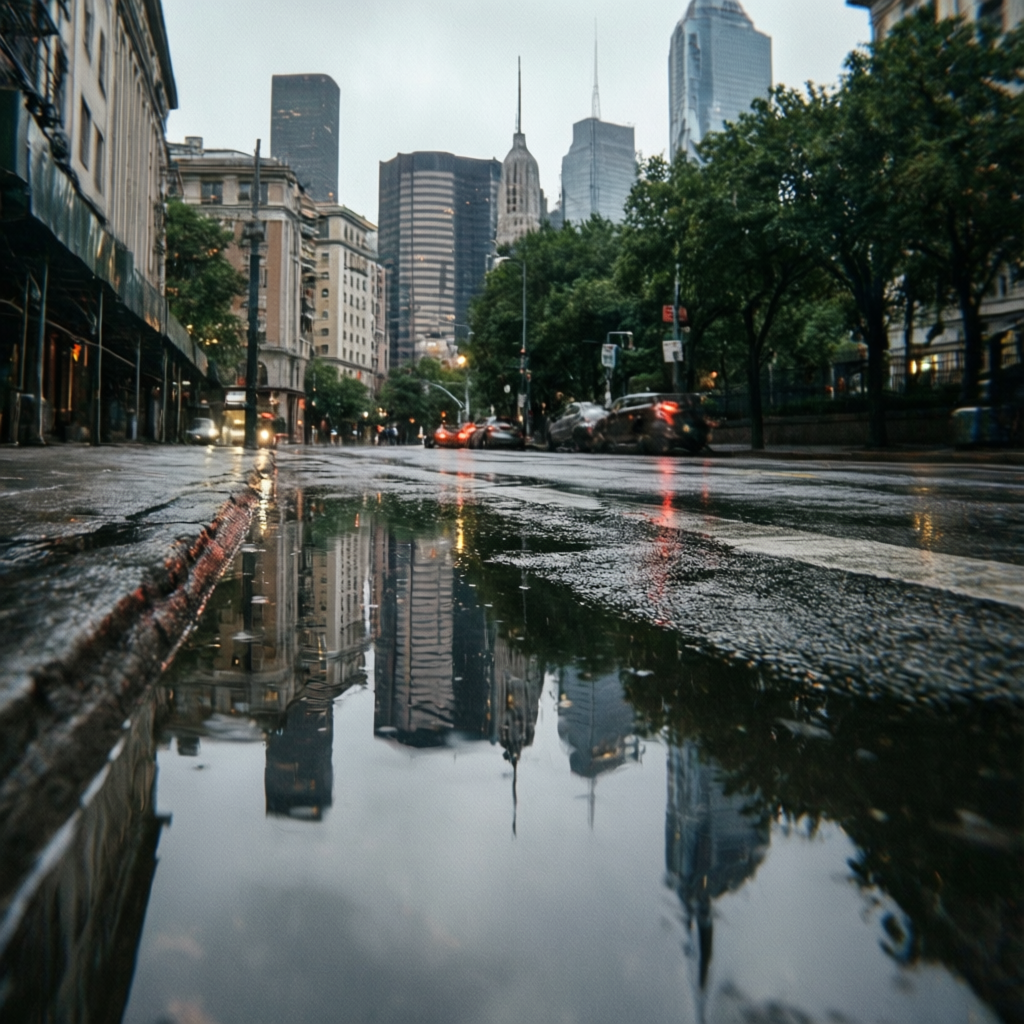 A city skyline reflected in a rain puddle on a street, with 
