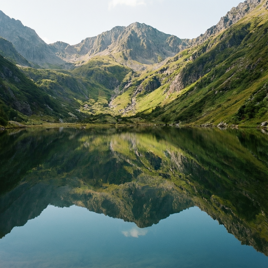 A mountain range reflected in a still alpine lake, with the 
