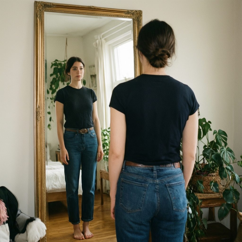 A woman standing in front of a full-length mirror, her refle