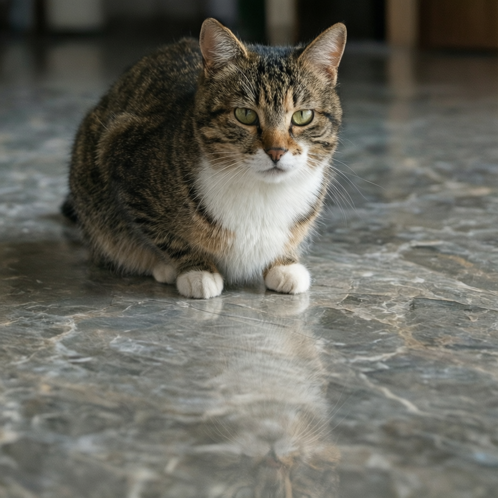 A cat sitting on a polished marble floor with its reflection