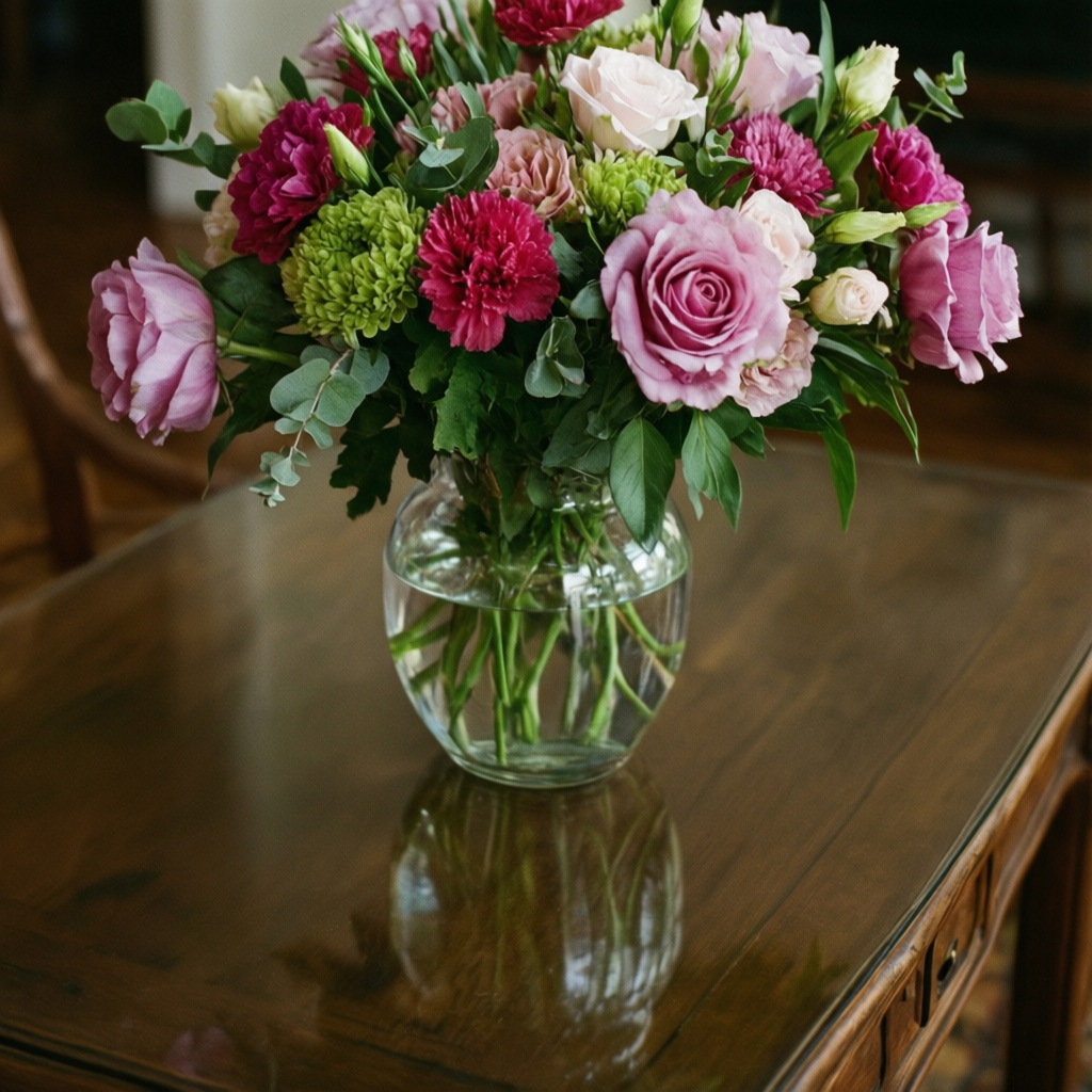 A vase of flowers on a glass table with a clear reflection v