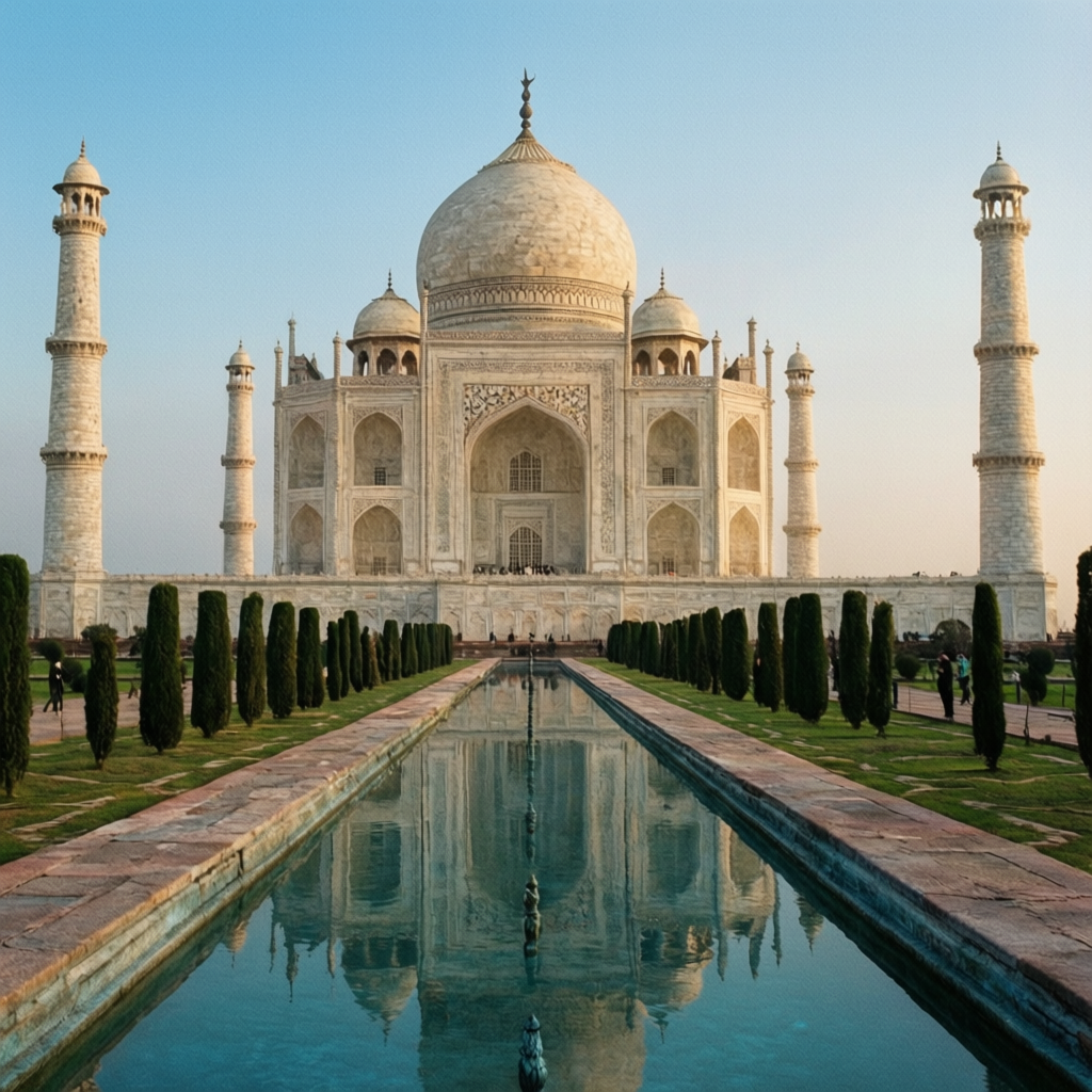 The Taj Mahal in Agra seen from the reflecting pool, with ac