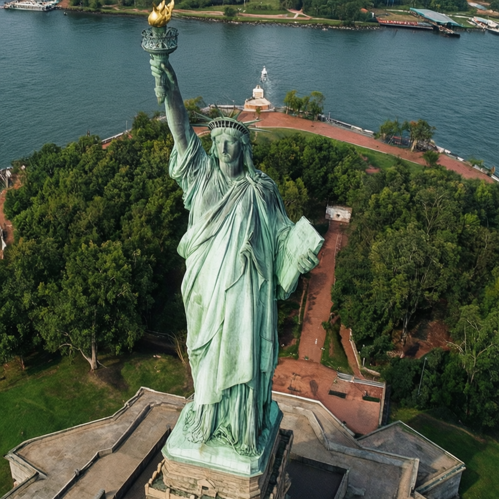 The Statue of Liberty on her island pedestal, with correct t