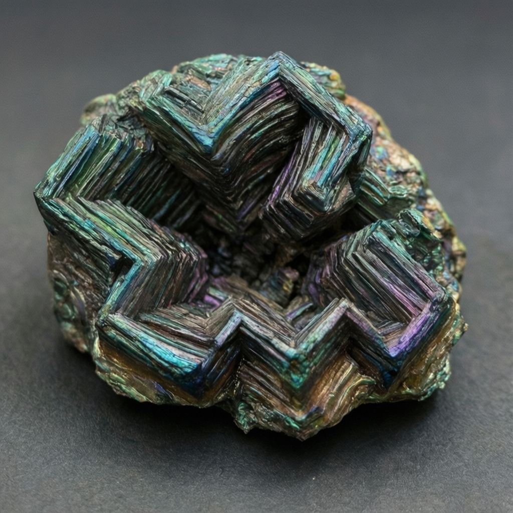A specimen of bismuth crystal showing accurate iridescent ox
