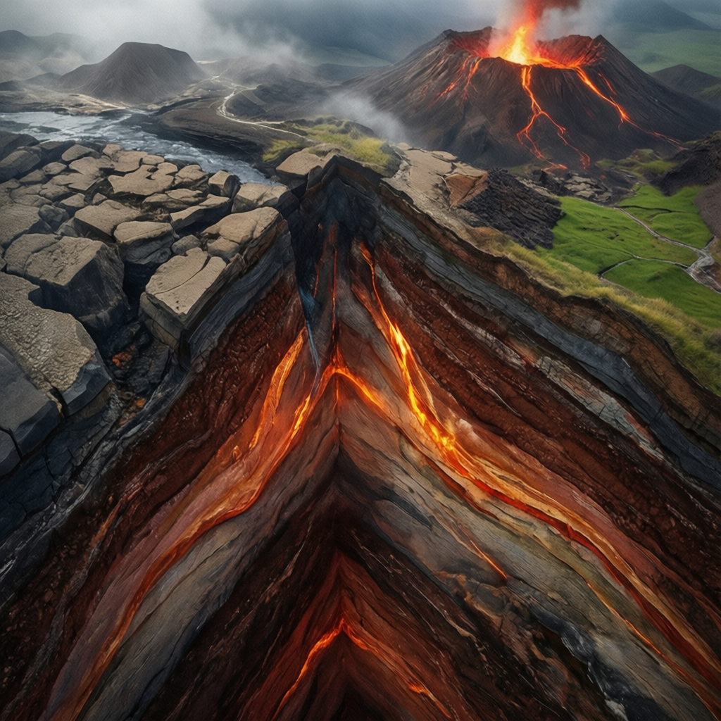 A cross-section showing tectonic plates at a convergent boun