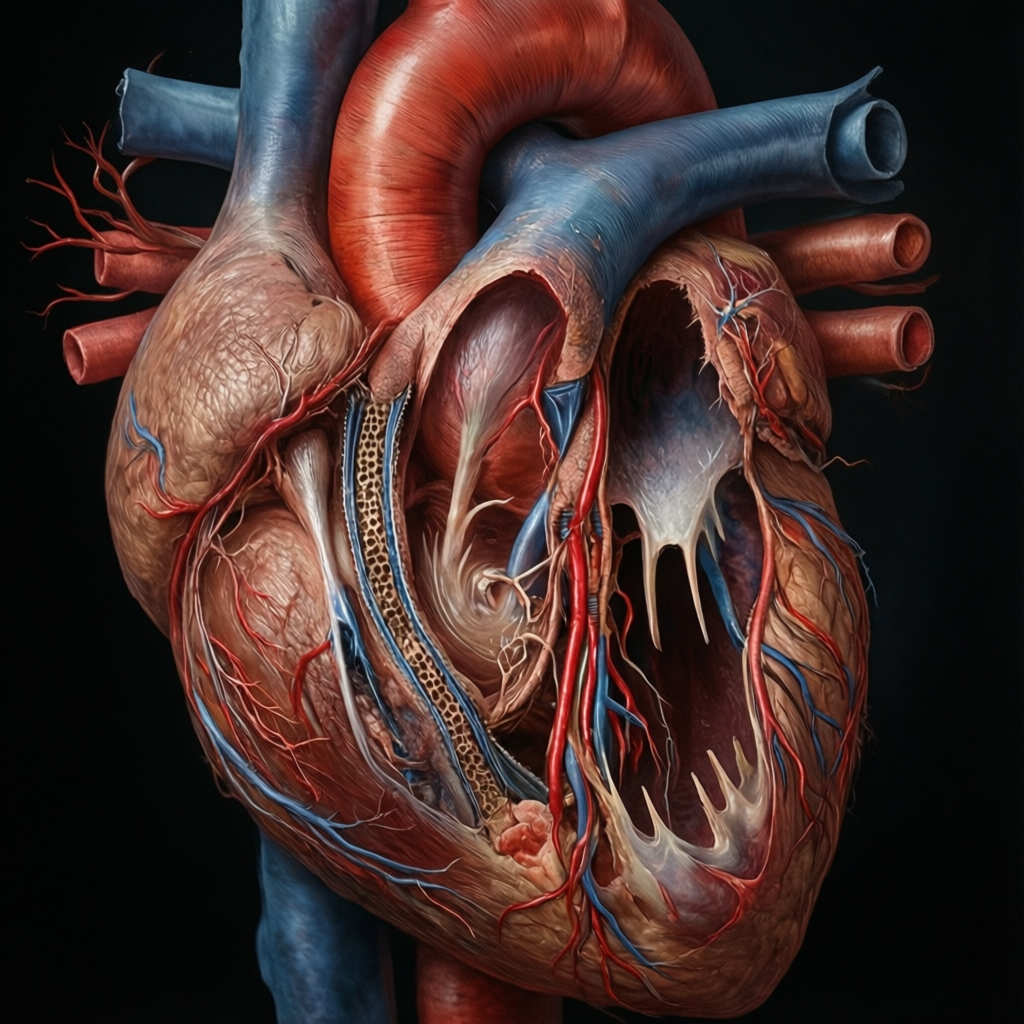 An anatomical illustration of the human heart showing four c
