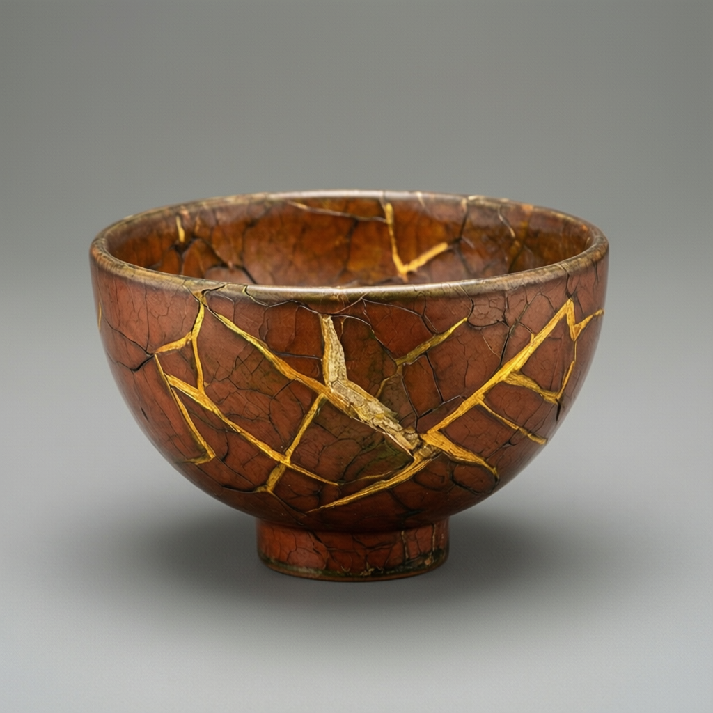 A Japanese kintsugi bowl — cracked ceramic repaired with vis
