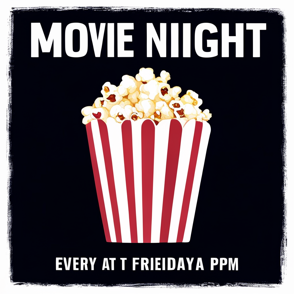 A movie night poster with a large popcorn image in the cente