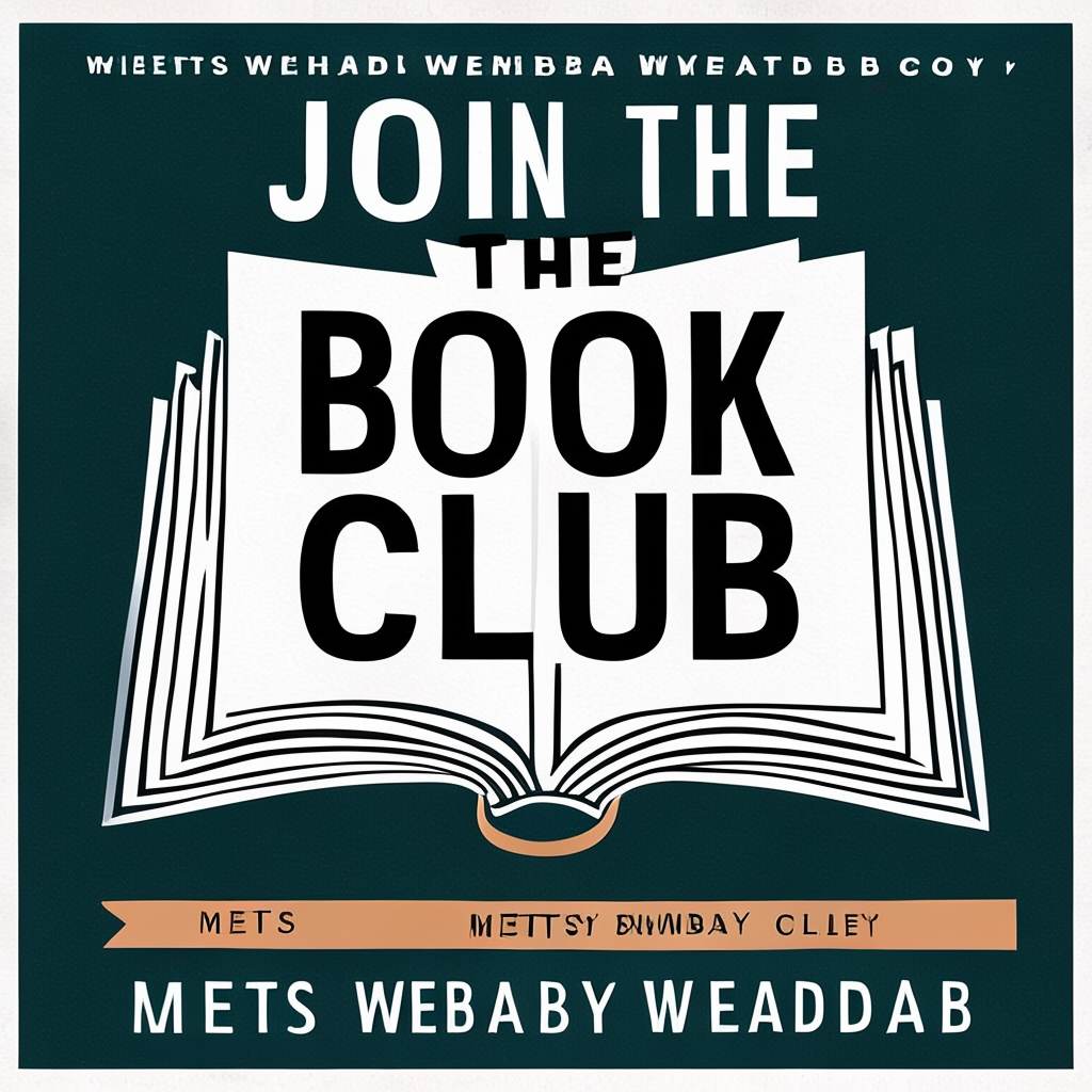 A book club poster with an open book illustration, the title