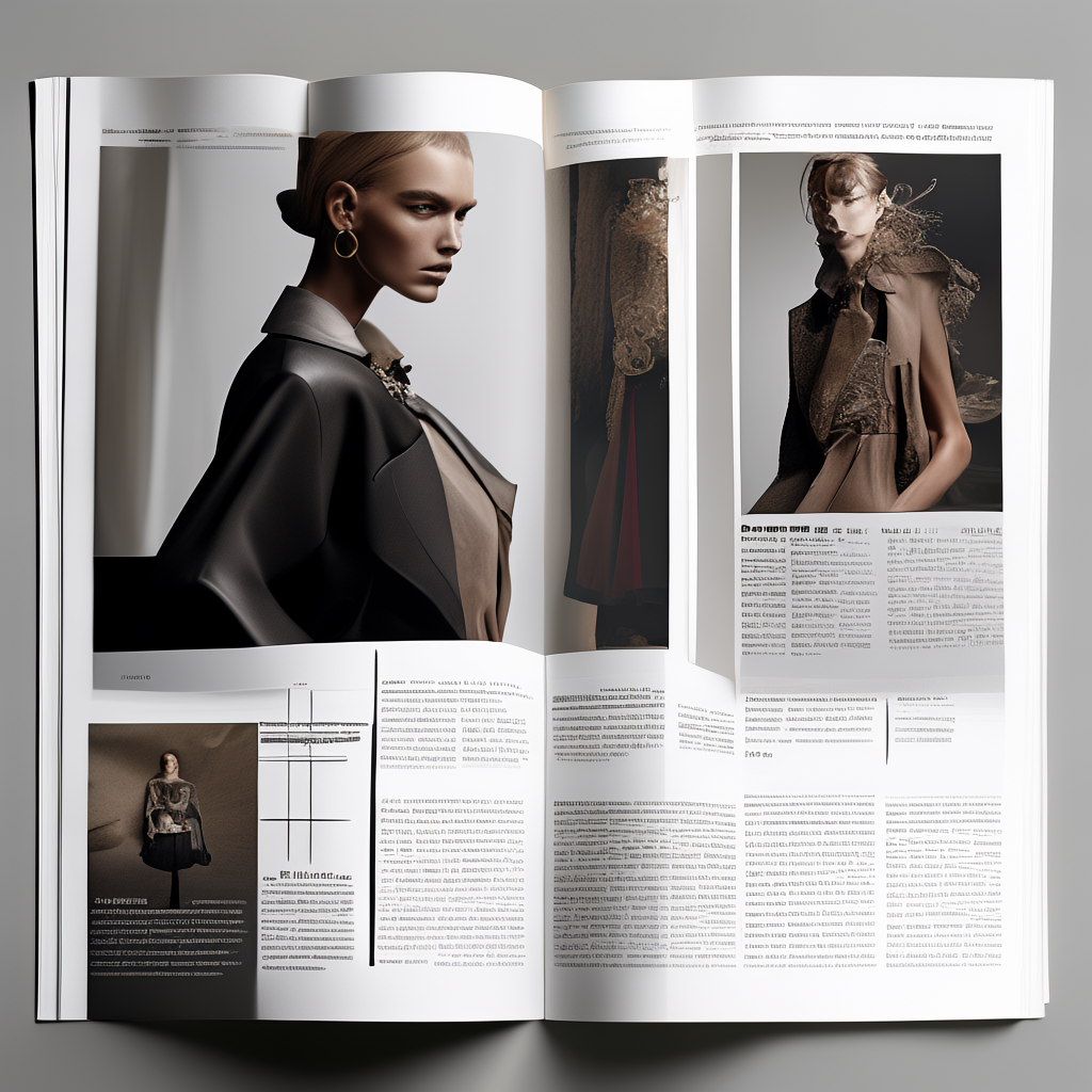A fashion magazine spread with a full-bleed left-page photo,