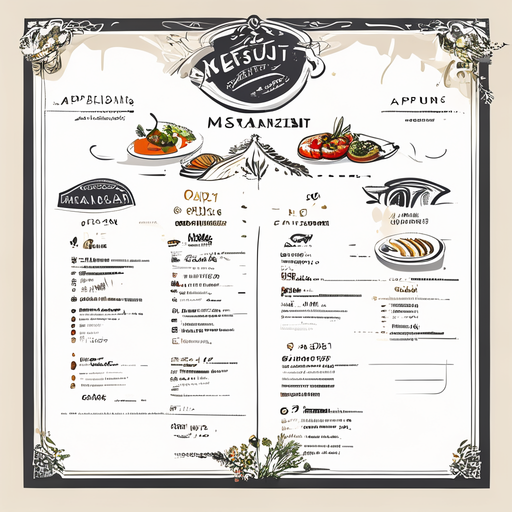 A restaurant menu layout with a logo header, three category 