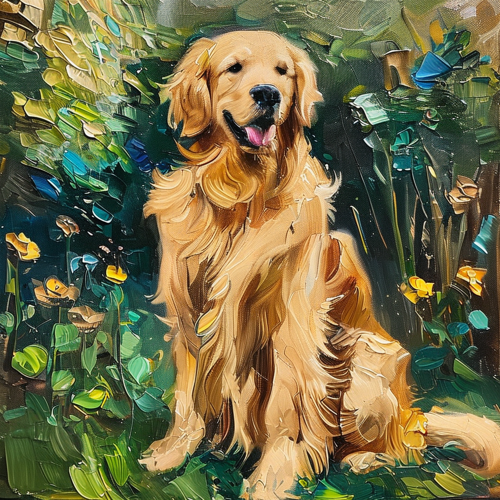 A golden retriever sitting in a garden, painted in the style