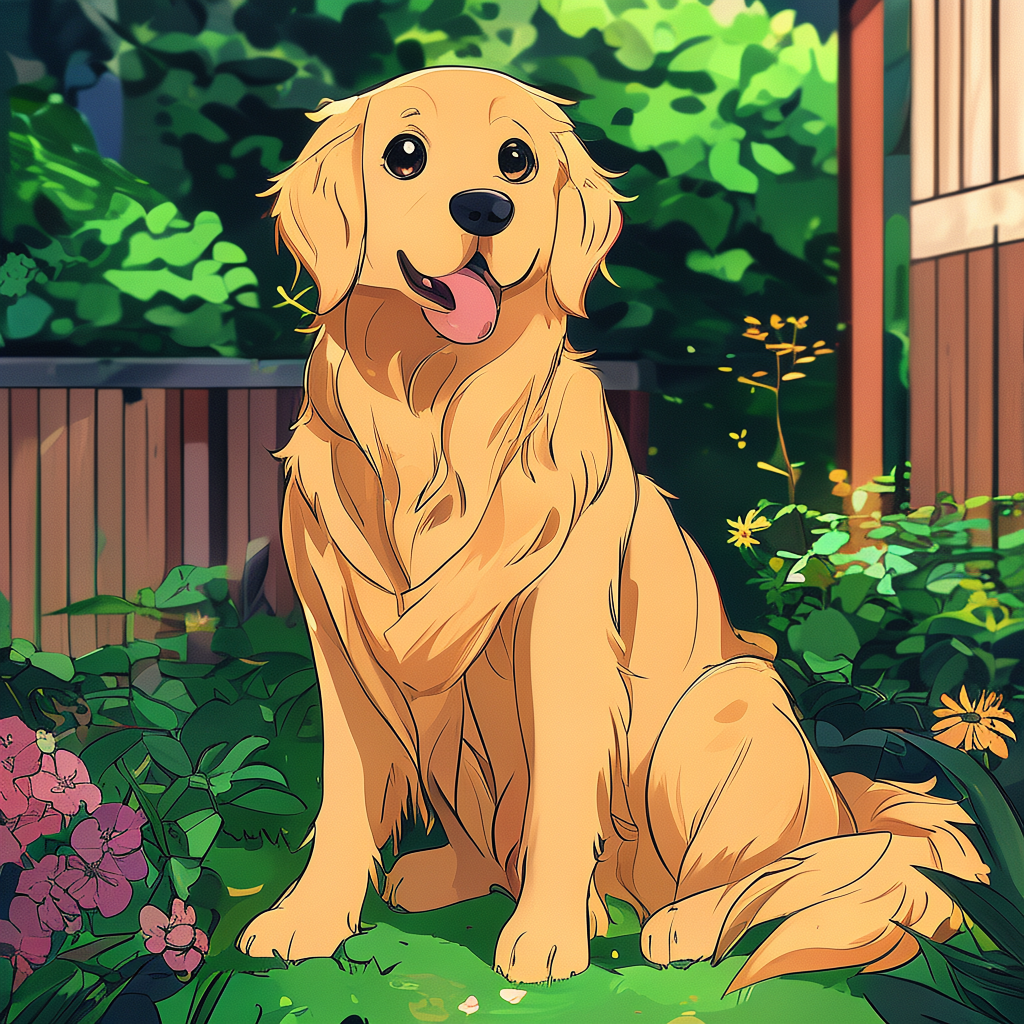 A golden retriever sitting in a garden, rendered in Japanese