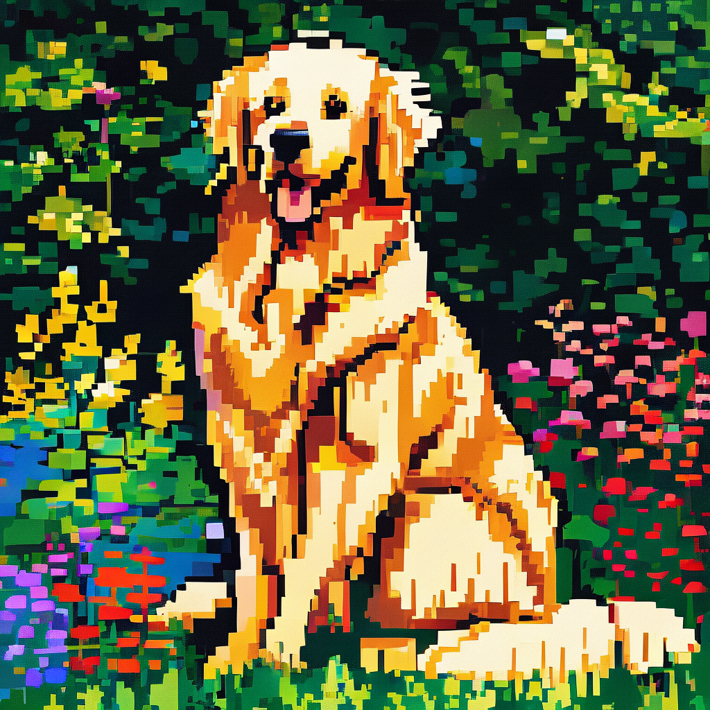 A golden retriever sitting in a garden, rendered in pixel ar