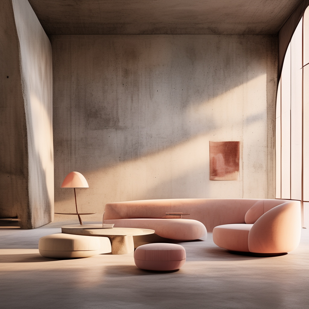 An interior scene rendered in soft brutalism — raw concrete 