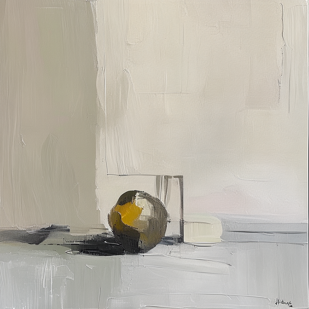 A still life painted in anxious minimalism — sparse composit