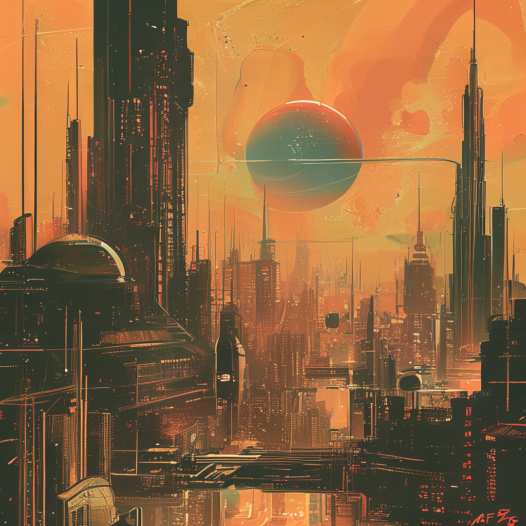A cityscape rendered in nostalgic futurism — retro-futuristi