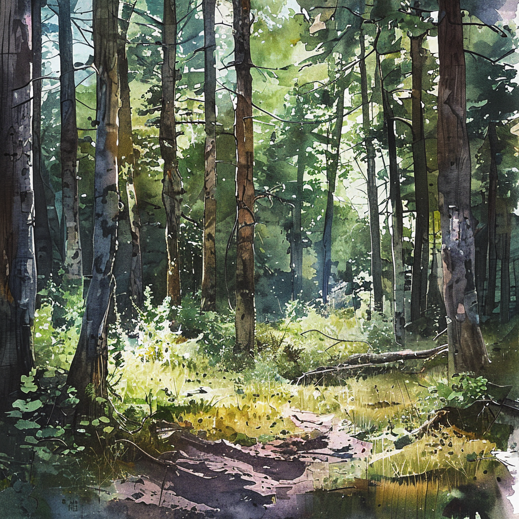 A forest rendered in photorealistic watercolor — the detail 