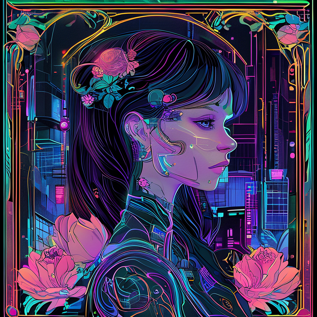 A woman in a futuristic city rendered in cyberpunk Art Nouve