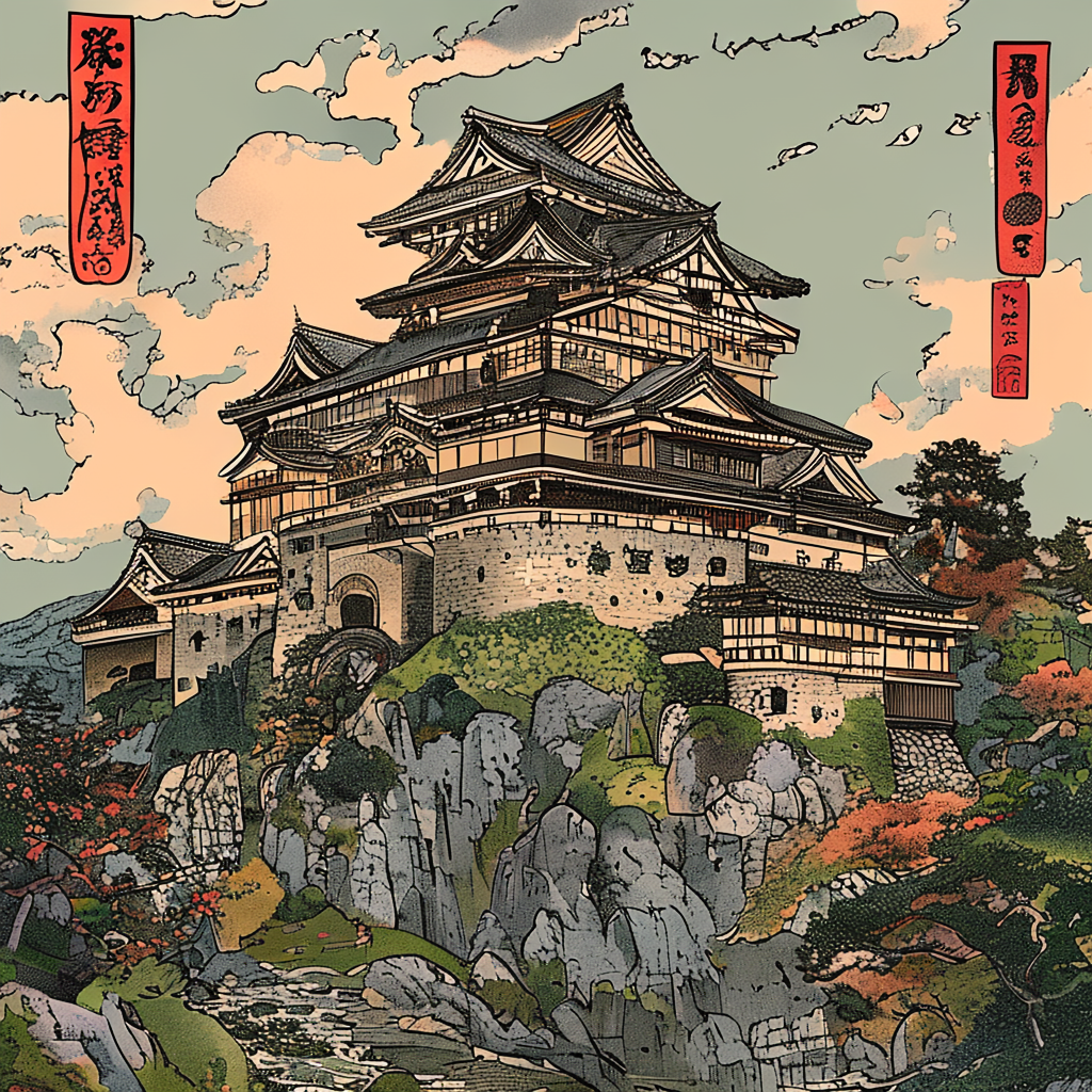A medieval castle depicted in Japanese ukiyo-e woodblock pri