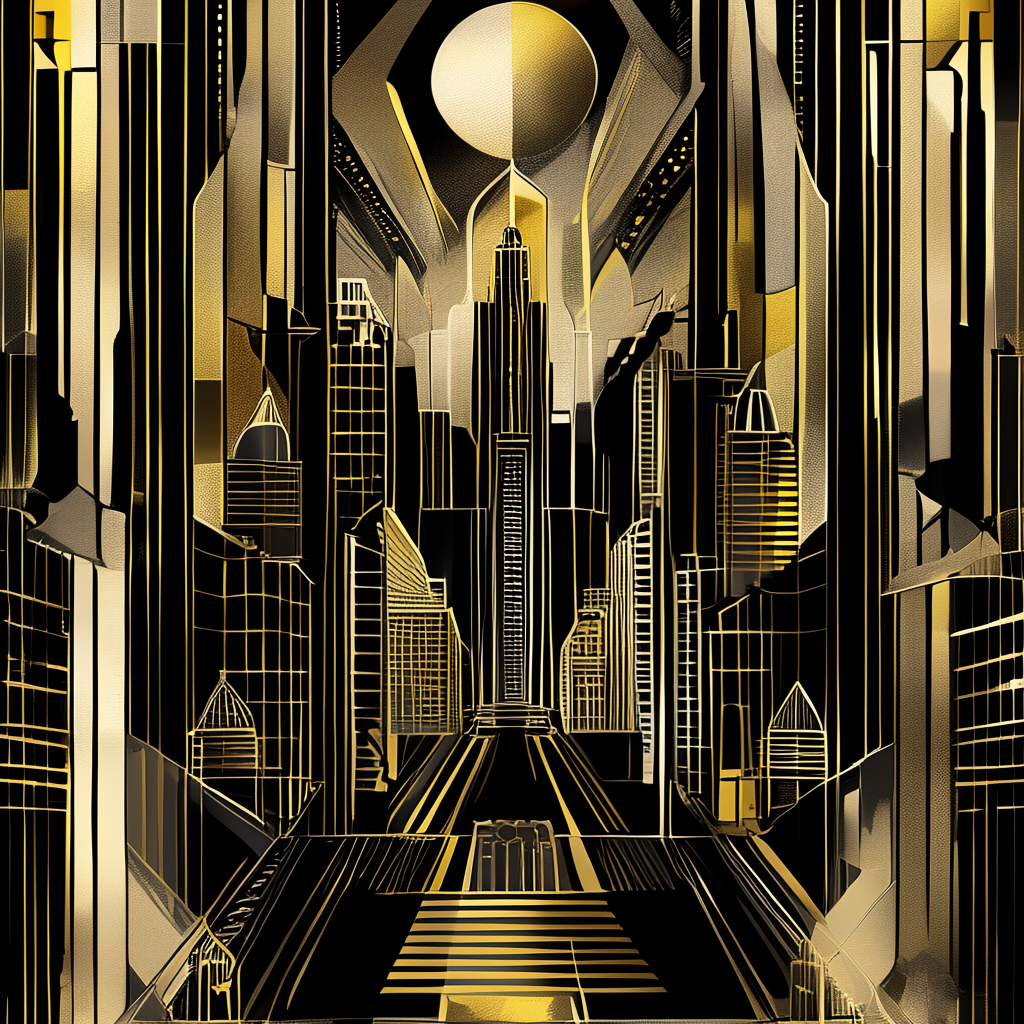 A city street scene in the style of Art Deco — geometric sha