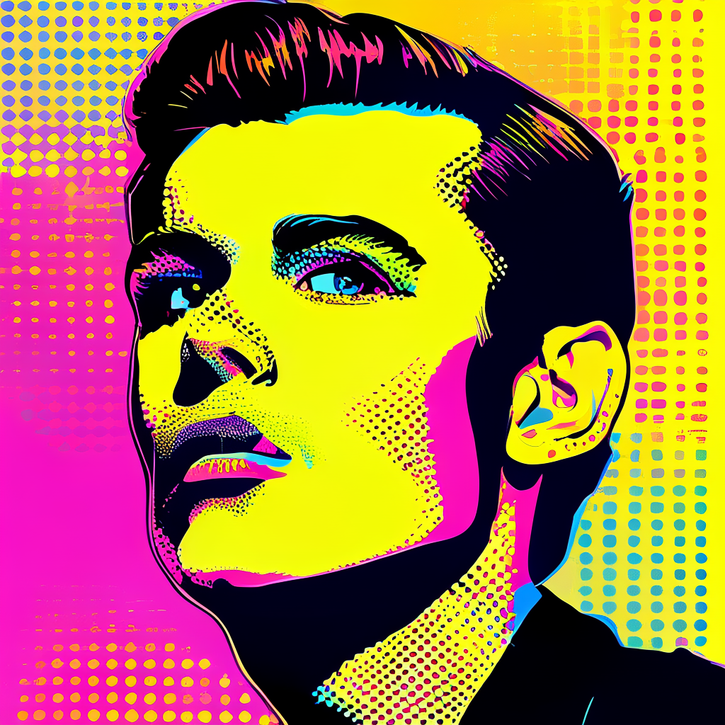 A portrait of a man in Pop Art style — bold outlines, Ben-Da