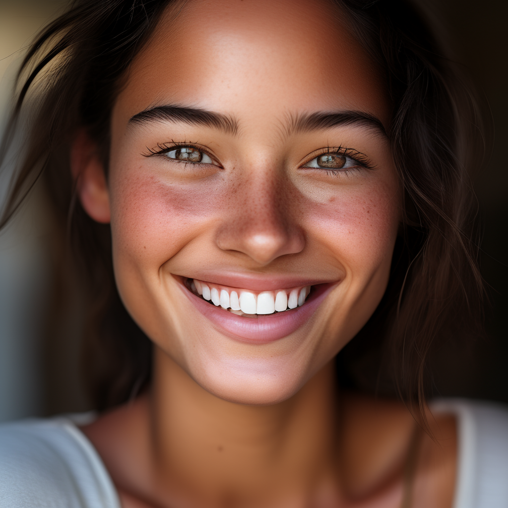 A close-up portrait of a young woman with a warm natural smi