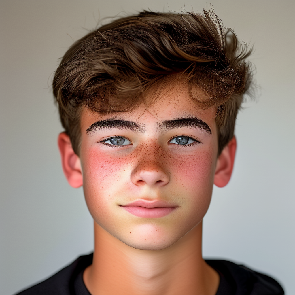 A headshot of a teenager with a relaxed, neutral face
