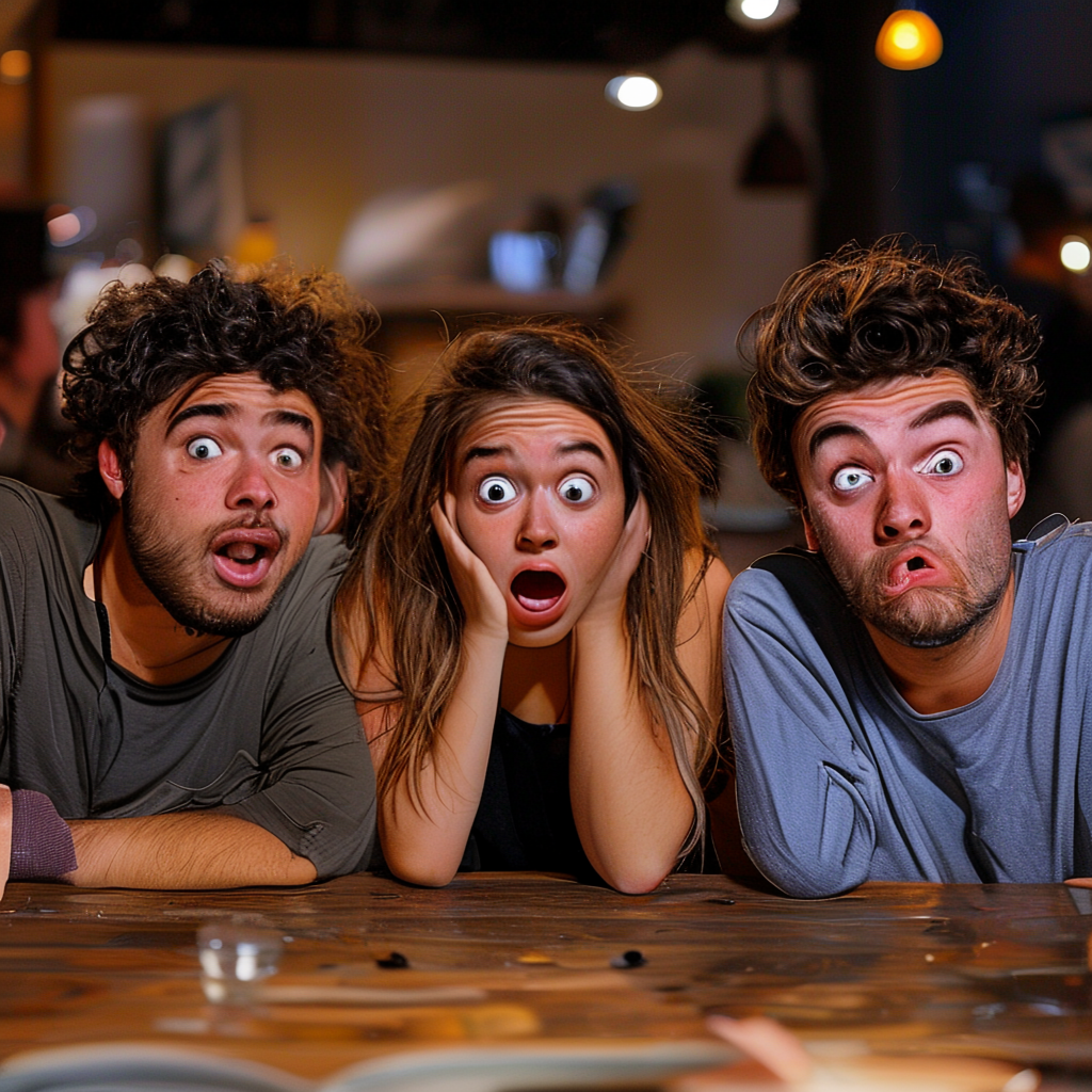 A group of three friends at a table: one laughing with head 