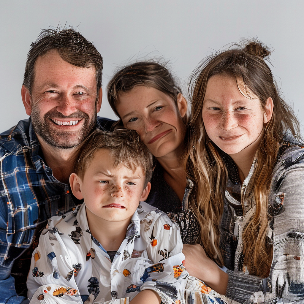 A family photo with four people: a father beaming with pride