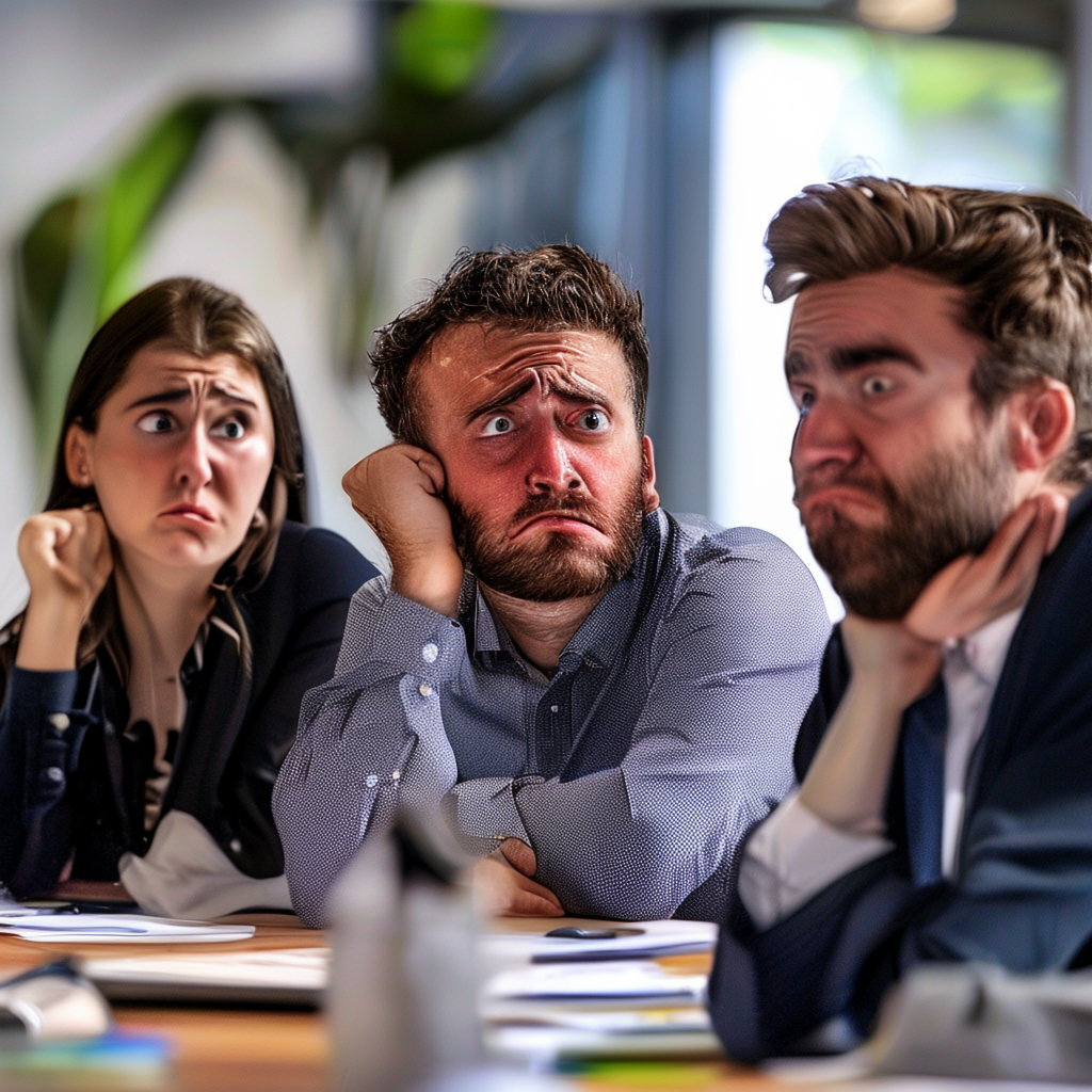 Three coworkers in a meeting: one looking frustrated with fu