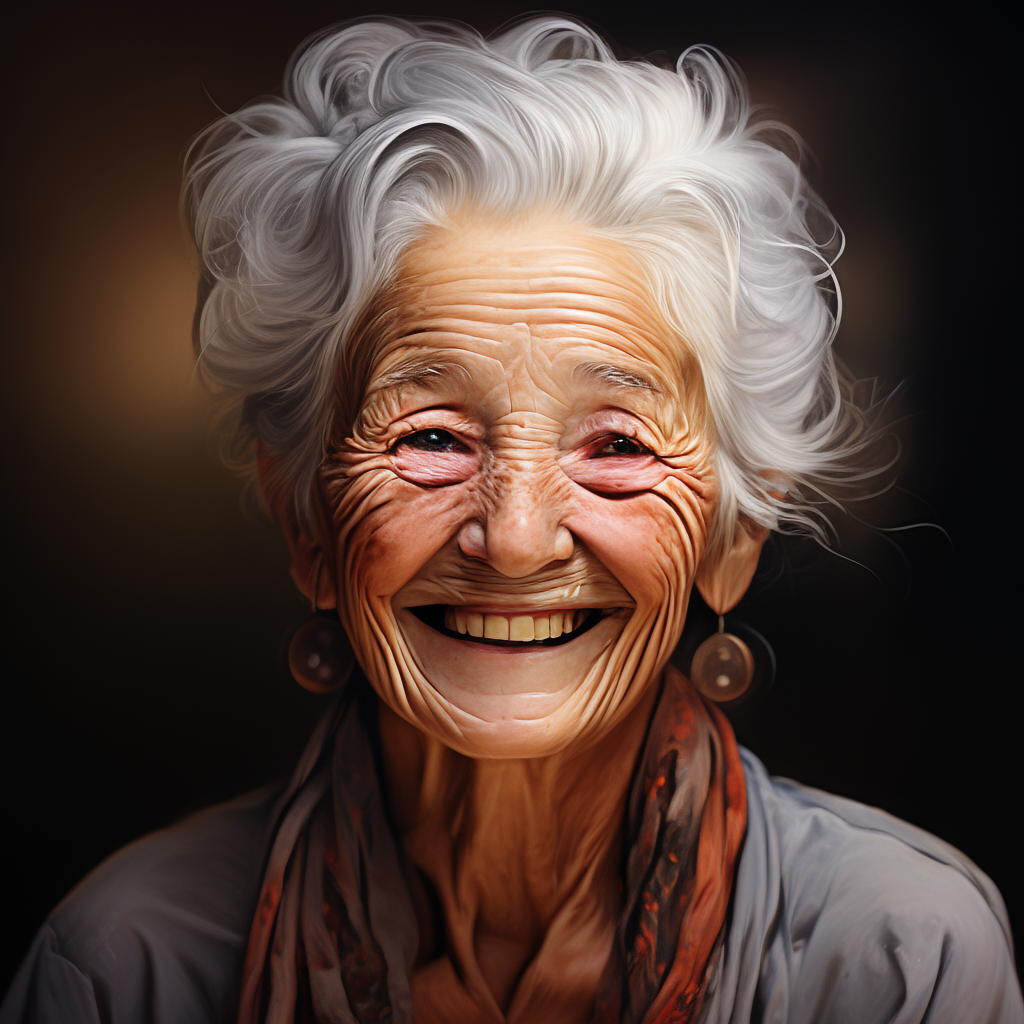 An elderly woman in her 80s with deep wrinkles and white hai