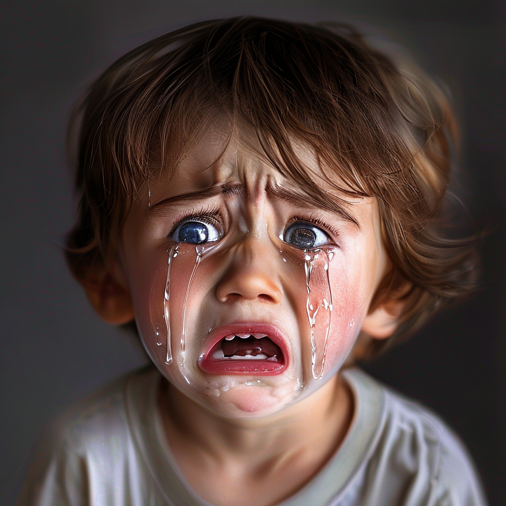 A 5-year-old child with round cheeks and large eyes, crying 