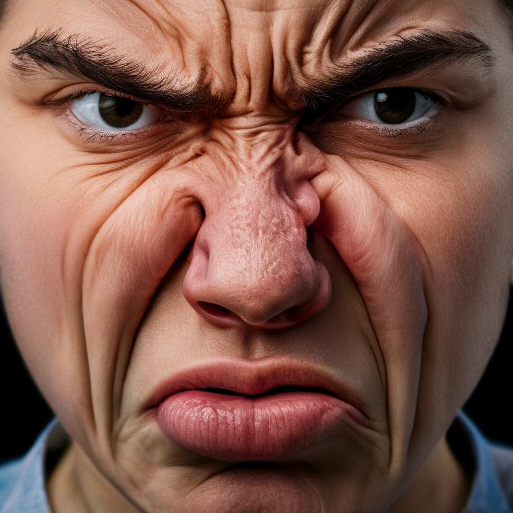 A close-up of a person's face showing clear disgust, nose wr